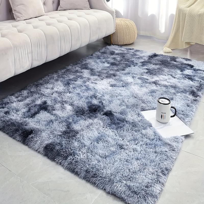 Fluffy Tie Dye Plush Bedroom Carpet Light Grey Shaggy Rug