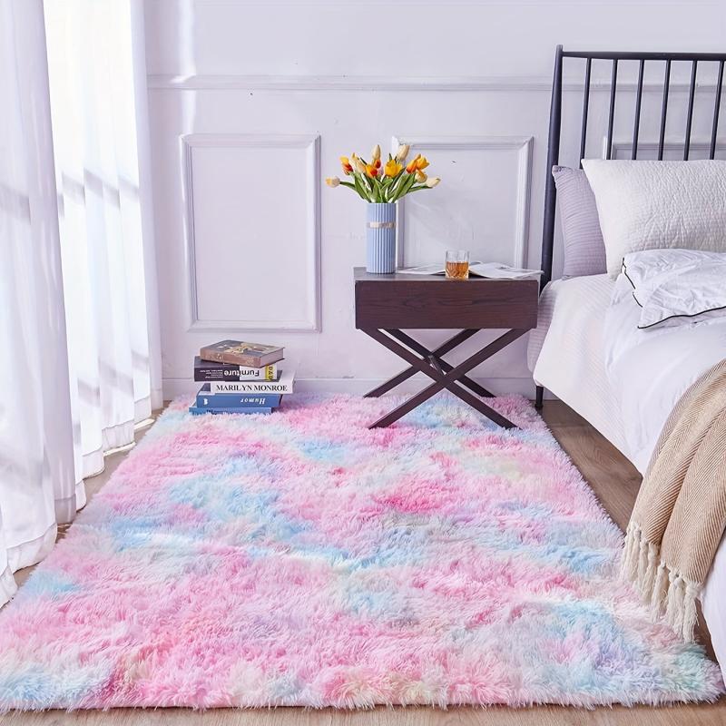 Fluffy Tie Dye Plush Bedroom Carpet Light Grey Shaggy Rug