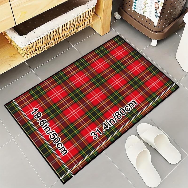 Red & Green Plaid Rug & Checked Rug Indoor Washable Entryway Decor