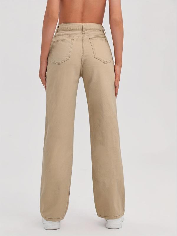 Khaki High Waist Straight Jeans Loose Fit Non Stretch Denim Trousers
