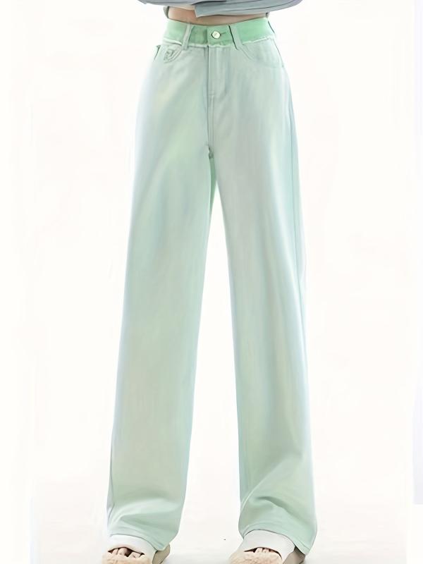 Green Loose Fit Straight Jeans Non Stretch High Rise Wide Legs