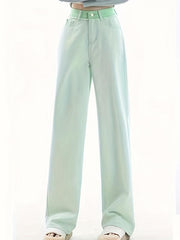Green Loose Fit Straight Jeans Non Stretch High Rise Wide Legs