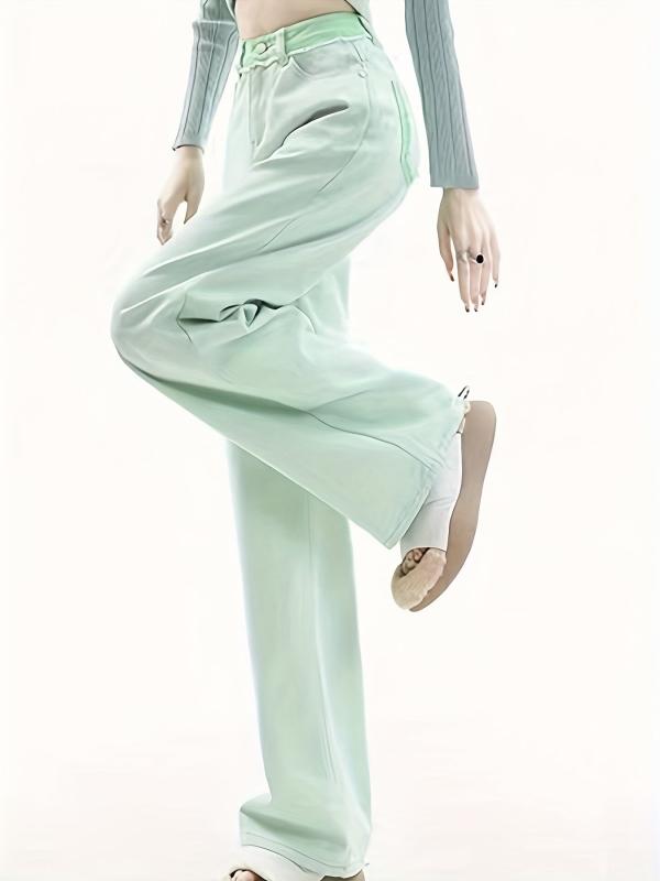 Green Loose Fit Straight Jeans Non Stretch High Rise Wide Legs