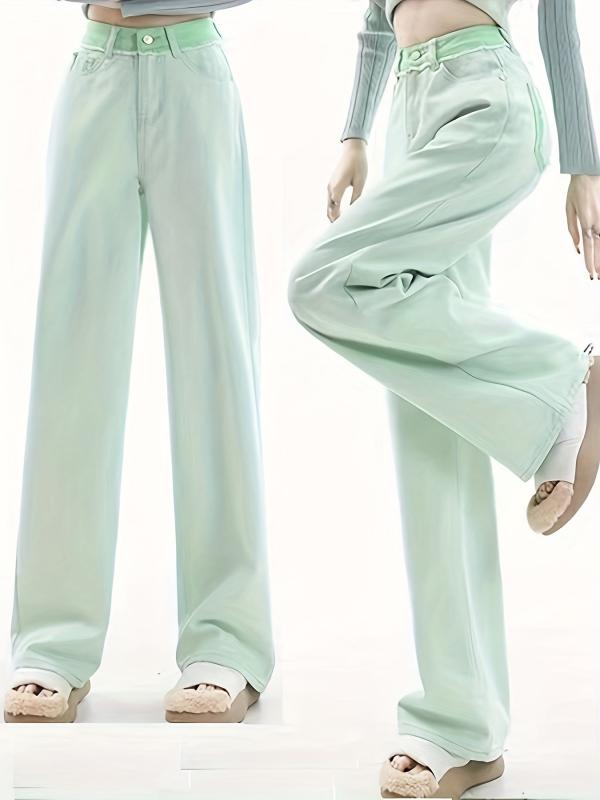 Green Loose Fit Straight Jeans Non Stretch High Rise Wide Legs
