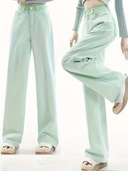 Green Loose Fit Straight Jeans Non Stretch High Rise Wide Legs