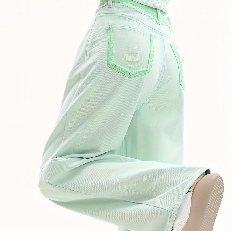 Green Loose Fit Straight Jeans Non Stretch High Rise Wide Legs