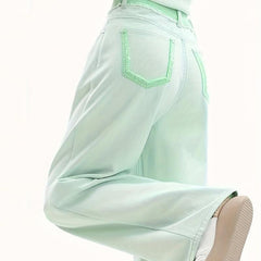 Green Loose Fit Straight Jeans Non Stretch High Rise Wide Legs