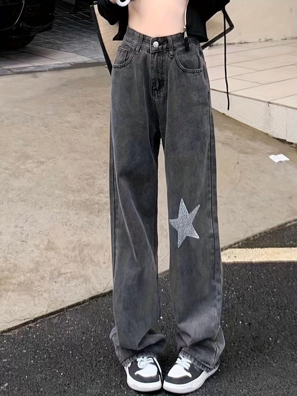 Grey Star Rhinestone Jeans Loose Fit Denim Trousers