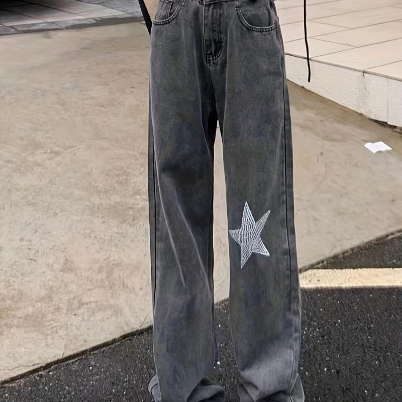 Grey Star Rhinestone Jeans Loose Fit Denim Trousers
