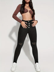 Ripped Holes Skinny Jeans High Waist Denim Pants Women's Clothing
