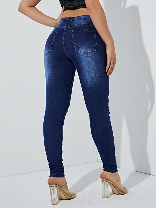 Dark Distressed Skinny Jeans Slim Fit Ripped Holes High Stretch Tight Jeans