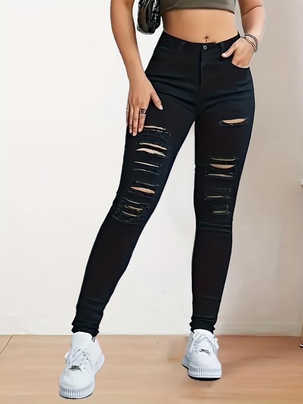 Ripped Holes Skinny Jeans Slim Fit Distressed Mid Stretch Denim Pants