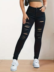 Ripped Holes Skinny Jeans Slim Fit Distressed Mid Stretch Denim Pants