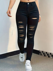 Ripped Holes Skinny Jeans Slim Fit Distressed Mid Stretch Denim Pants