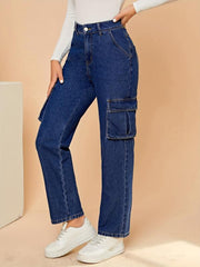 Flap Pockets Cargo Pants Loose Fit Non Stretch Straight Jeans
