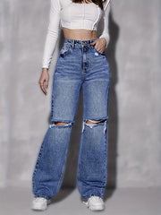 Dark Distressed Straight Jeans Ripped Holes Loose Fit Casual Denim Pants