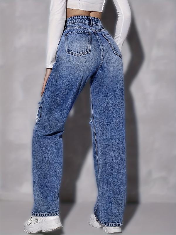 Dark Distressed Straight Jeans Ripped Holes Loose Fit Casual Denim Pants