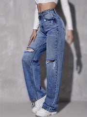 Dark Distressed Straight Jeans Ripped Holes Loose Fit Casual Denim Pants
