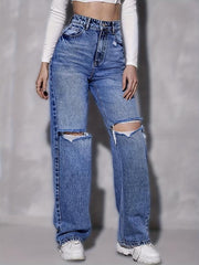 Dark Distressed Straight Jeans Ripped Holes Loose Fit Casual Denim Pants