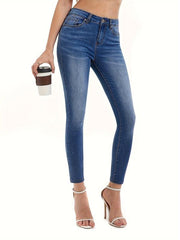 Slim Fit Crop Jeans Mid Stretch Water Ripple Embossed Ankle Length Jeans