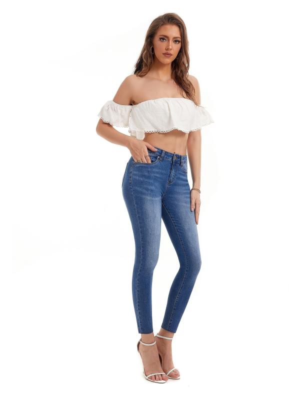 Slim Fit Crop Jeans Mid Stretch Water Ripple Embossed Ankle Length Jeans