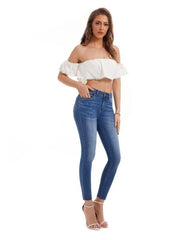 Slim Fit Crop Jeans Mid Stretch Water Ripple Embossed Ankle Length Jeans