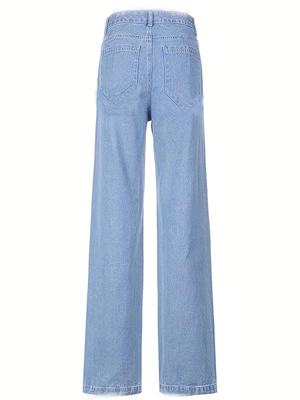 Mid Rise Flap Pocket Cargo Jeans Solid Wide Leg Denim Pants