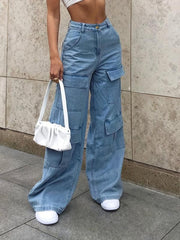 Mid Rise Flap Pocket Cargo Jeans Solid Wide Leg Denim Pants