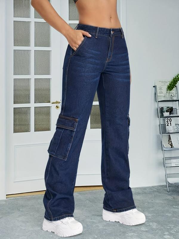 Dark Y2K Cargo Pants Loose Fit Flap Pockets Non Stretch Straight Jeans Women