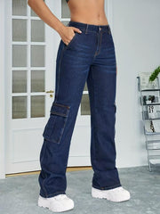 Dark Y2K Cargo Pants Loose Fit Flap Pockets Non Stretch Straight Jeans Women