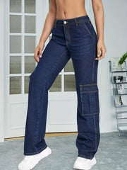 Dark Y2K Cargo Pants Loose Fit Flap Pockets Non Stretch Straight Jeans Women