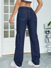 Dark Y2K Cargo Pants Loose Fit Flap Pockets Non Stretch Straight Jeans Women