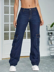 Dark Y2K Cargo Pants Loose Fit Flap Pockets Non Stretch Straight Jeans Women