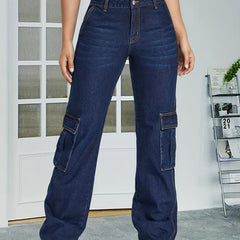Dark Y2K Cargo Pants Loose Fit Flap Pockets Non Stretch Straight Jeans Women