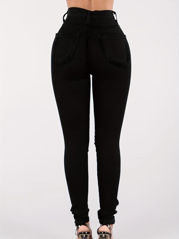 Rhinestone Decor Skinny Jeans Ripped Holes Slight Stretch Denim Trousers