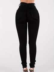 Rhinestone Decor Skinny Jeans Ripped Holes Slight Stretch Denim Trousers