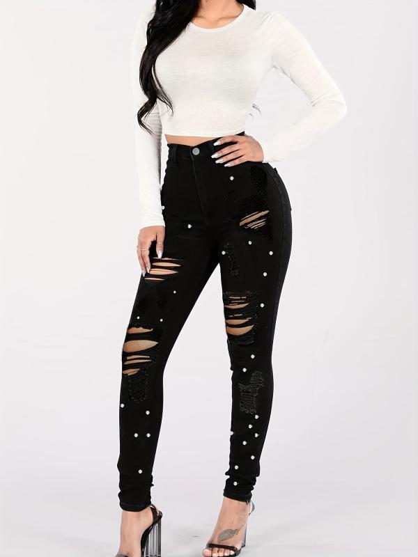 Rhinestone Decor Skinny Jeans Ripped Holes Slight Stretch Denim Trousers