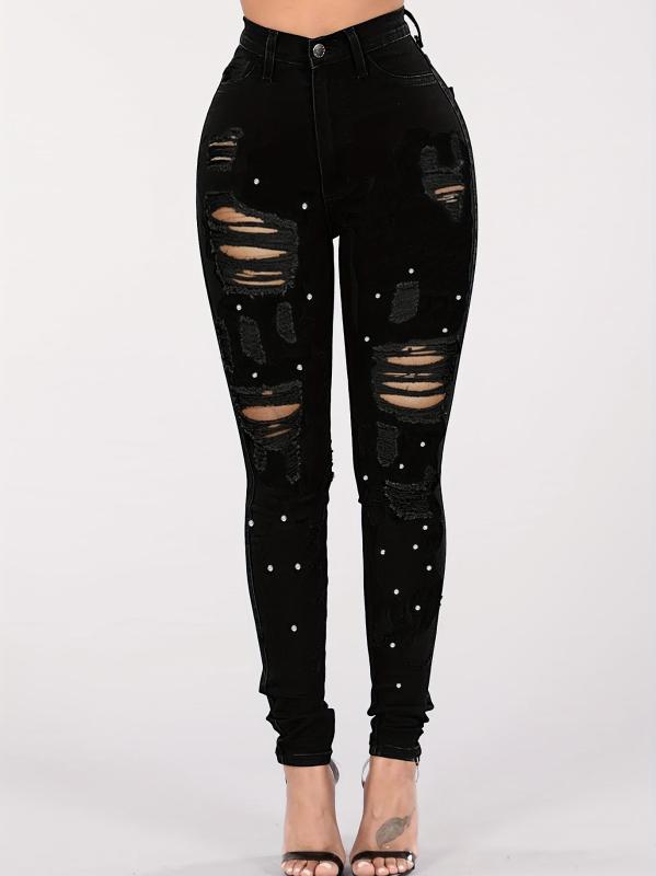 Rhinestone Decor Skinny Jeans Ripped Holes Slight Stretch Denim Trousers