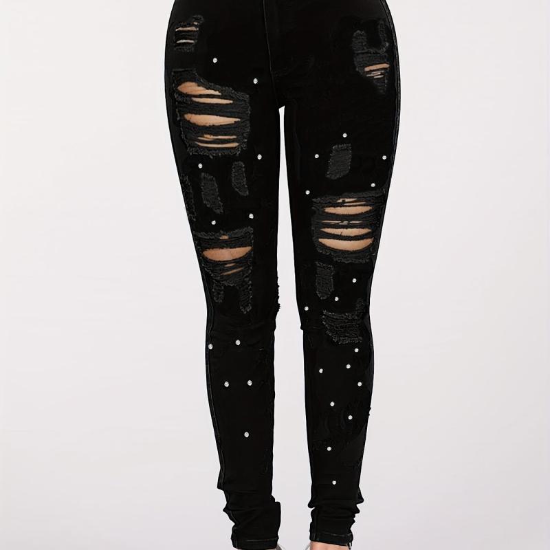 Rhinestone Decor Skinny Jeans Ripped Holes Slight Stretch Denim Trousers