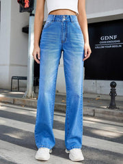 Embossed Washed Straight Jeans Women's Denim Trousers