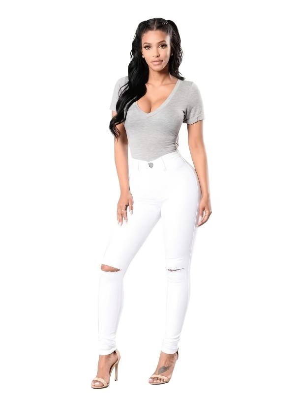Ripped Holes Skinny Jeans Slim Fit Mid Stretch Denim Pants