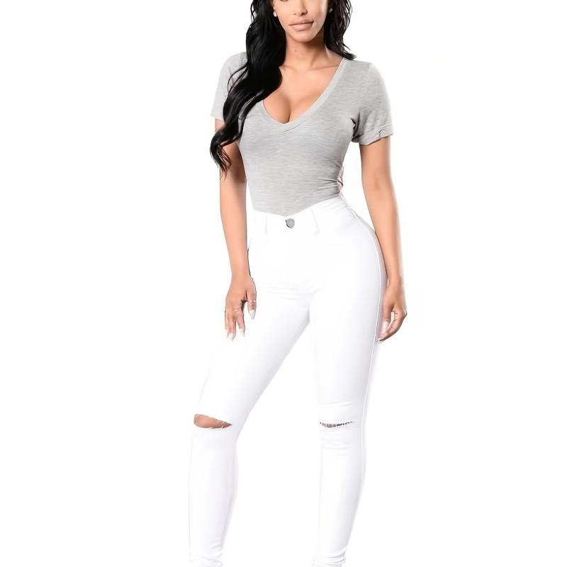 Ripped Holes Skinny Jeans Slim Fit Mid Stretch Denim Pants