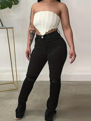 High Waist Split Denim Pants Ripped Jeans