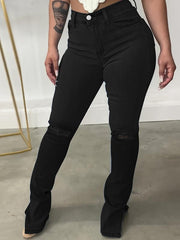 High Waist Split Denim Pants Ripped Jeans