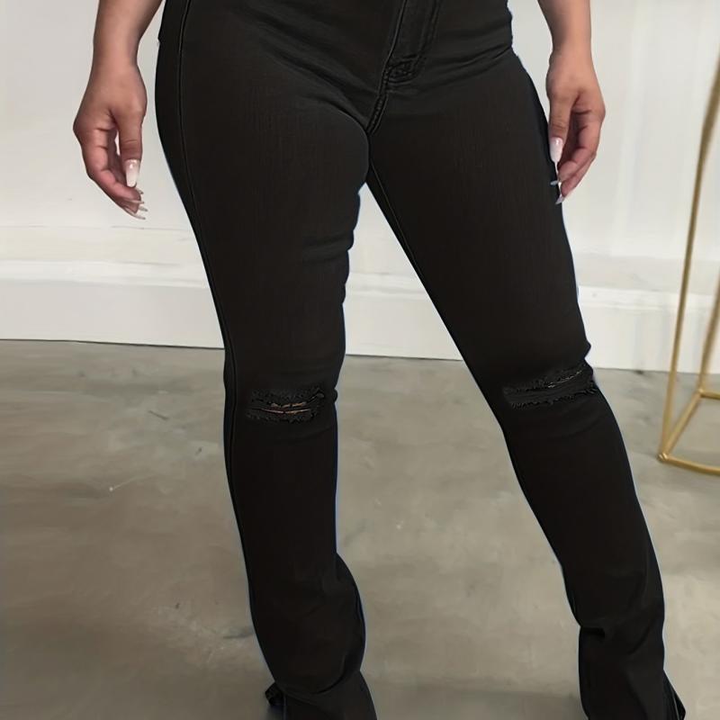 High Waist Split Denim Pants Ripped Jeans