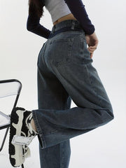 High Waist Straight Jeans Loose Fit Non Stretch Wide Legs Jeans