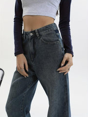 High Waist Straight Jeans Loose Fit Non Stretch Wide Legs Jeans