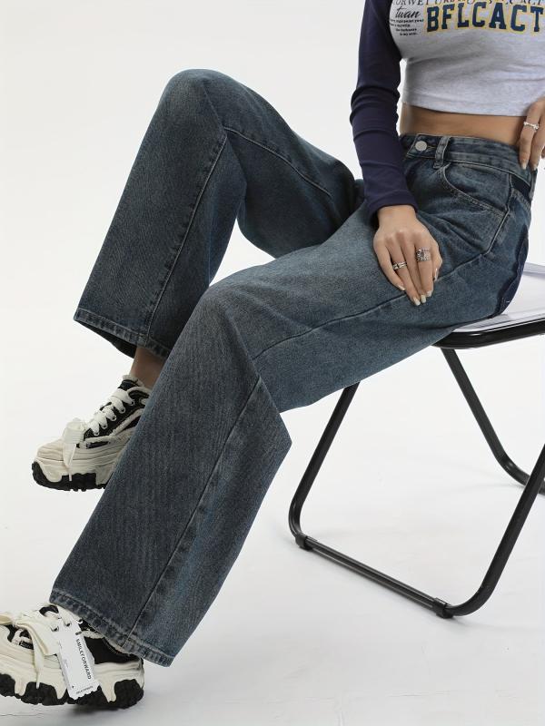 High Waist Straight Jeans Loose Fit Non Stretch Wide Legs Jeans