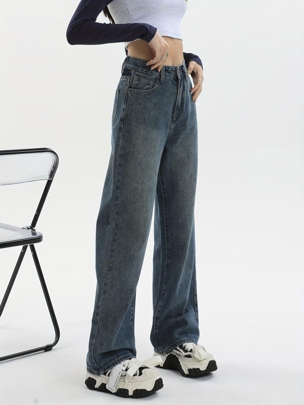 High Waist Straight Jeans Loose Fit Non Stretch Wide Legs Jeans
