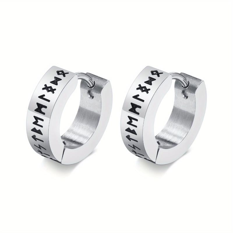 Vintage Viking Rune Hoop Earrings Gothic Stainless Steel 2pcs